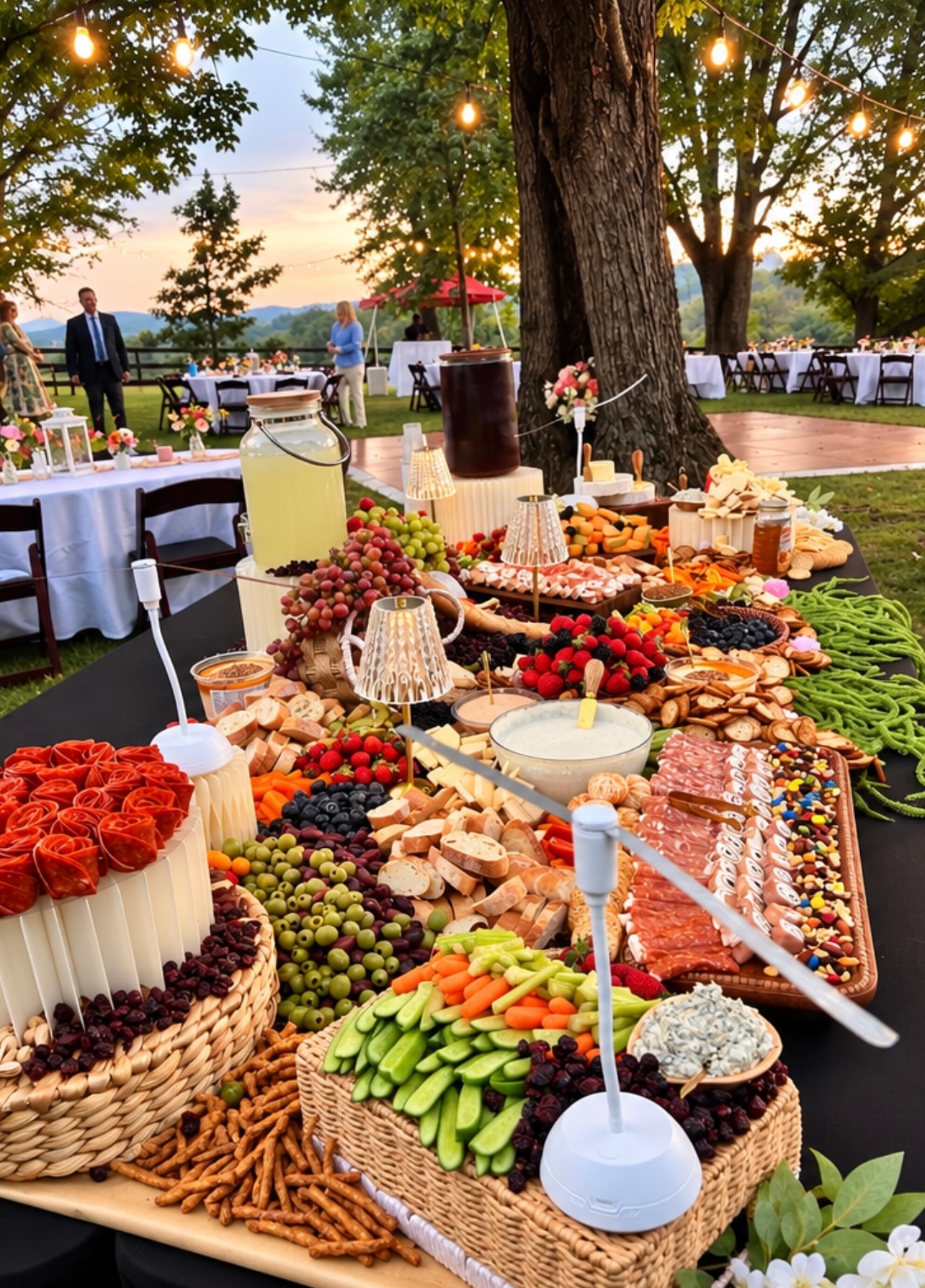 Outdoor farm table grazing spread at golden hour