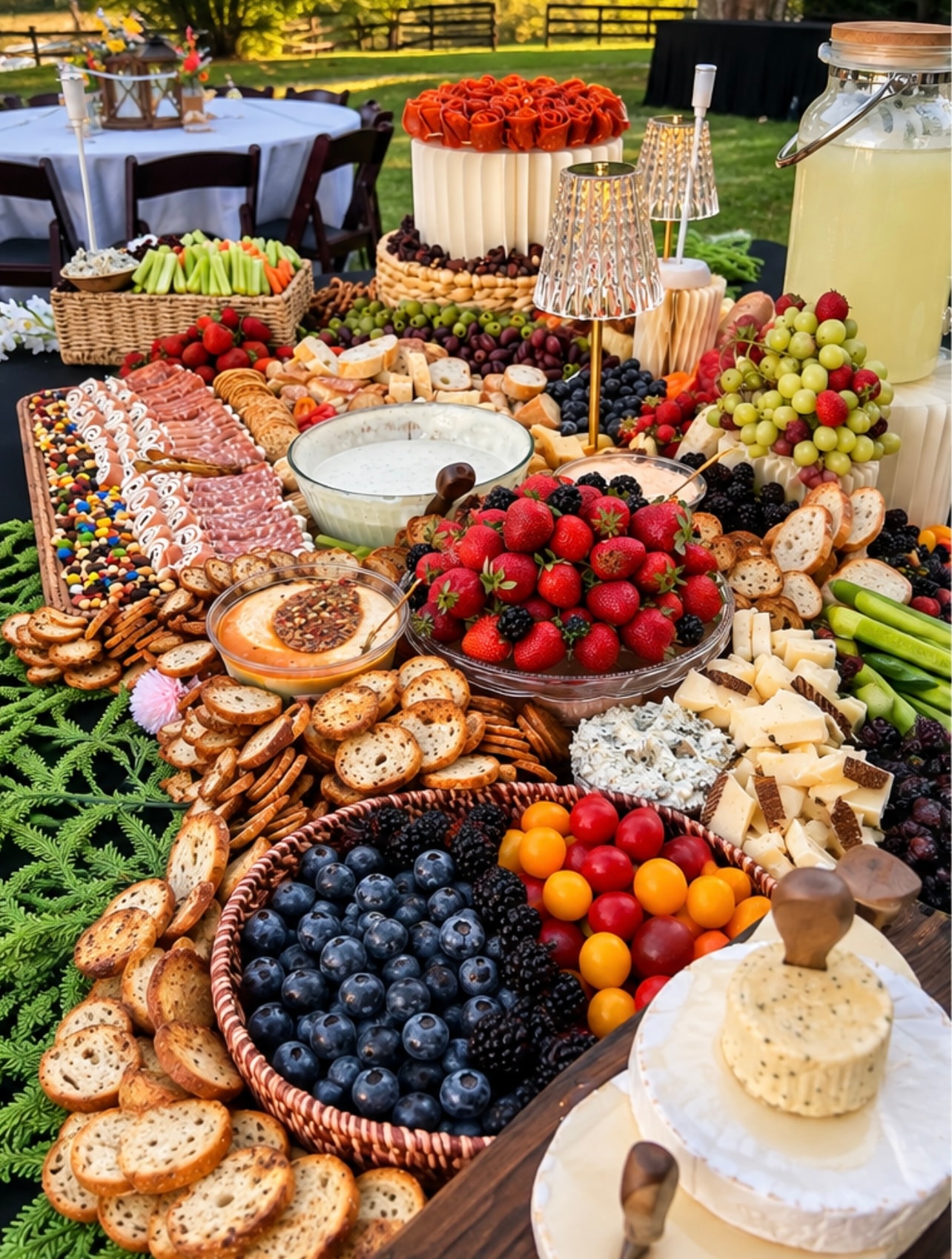 Outdoor long grazing table with florals and mountain backdrop