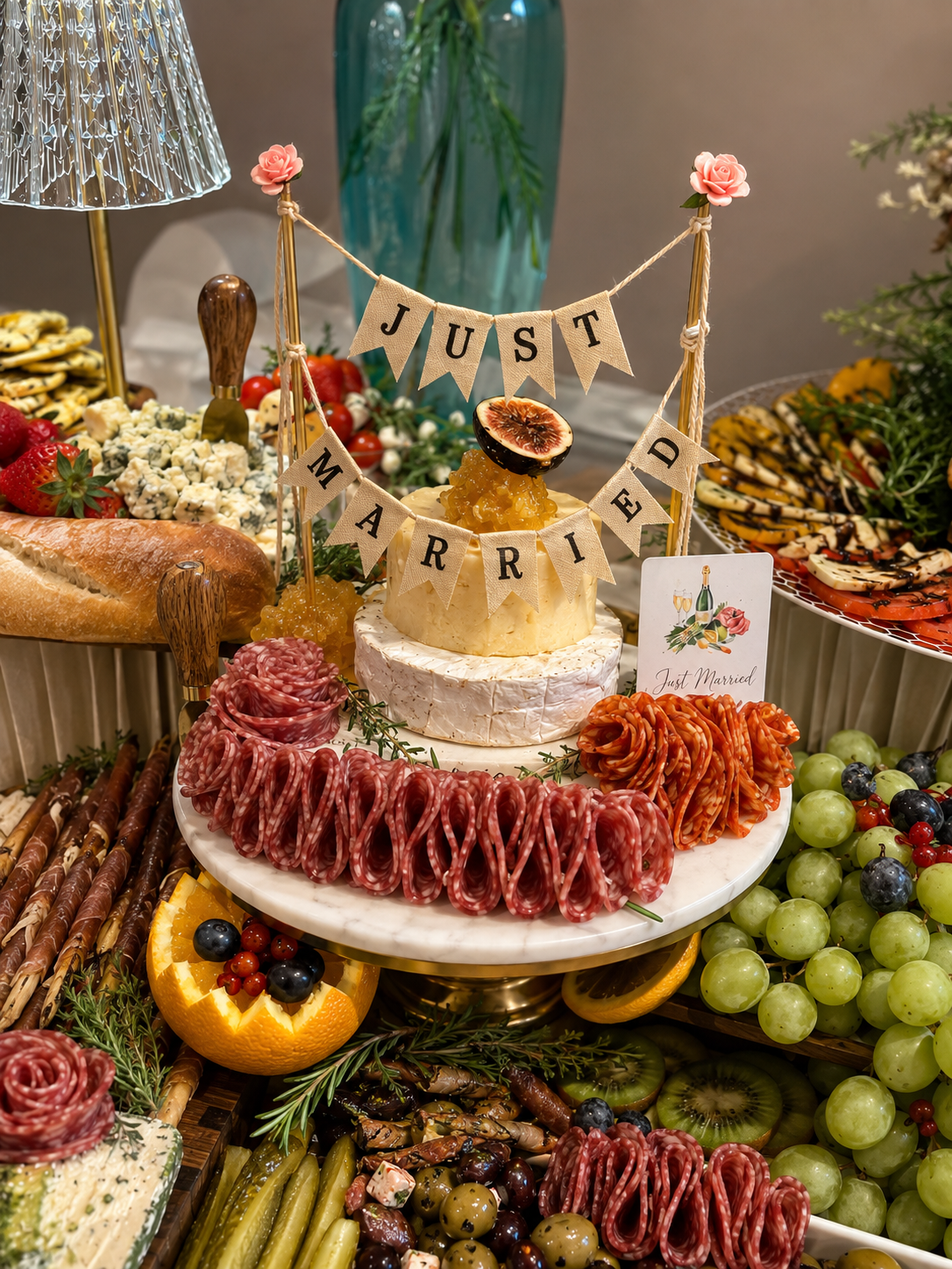 Just Married cheese wheel centerpiece on wedding grazing table